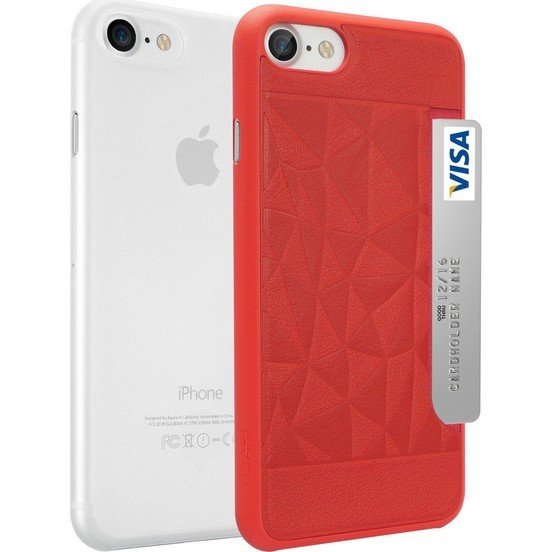 Ozaki O!coat Jelly + Pocket Ultra İnce Silikon Kılıf + Kart Yuvalı Sert Arka Kapak Apple iPhone 7-8 Silikon Kılıf Kırmızı
